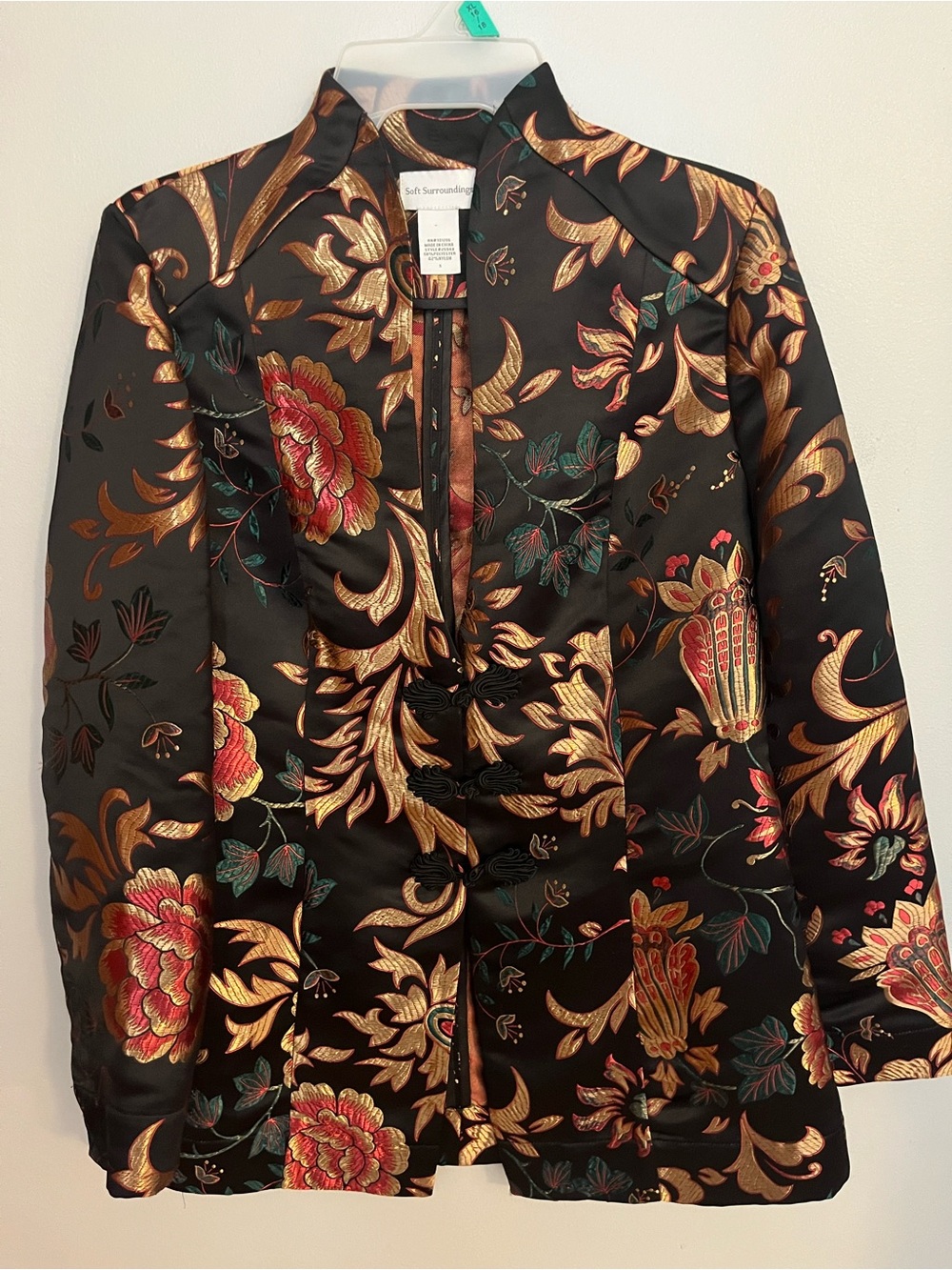 Soft Surroundings Black Brocade Floral Mandarin Jacket